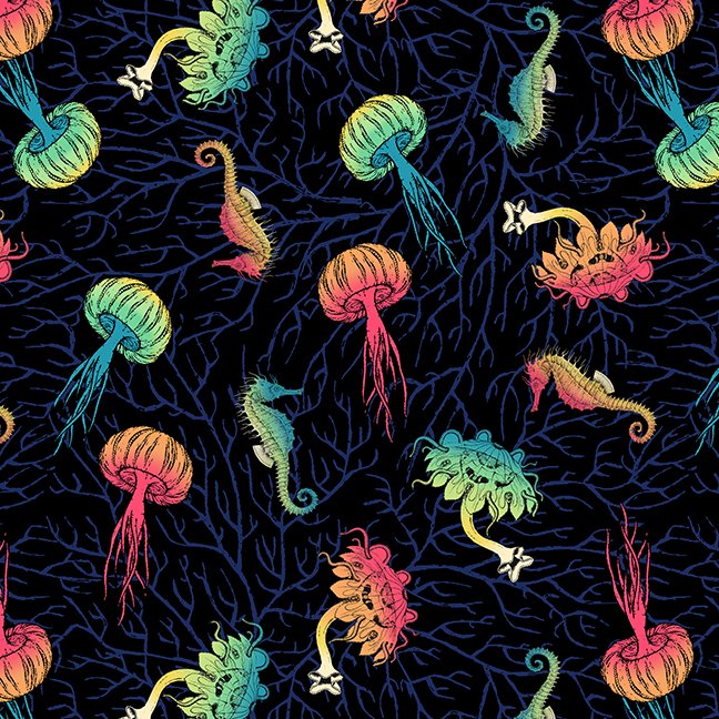 Cotton Fabric, Blank Company Fabric, Sewing, Ocean Fabrics, Sea of Blues, Starfish, Jellyfish, Turtles, Seahorses, Coral, Seashells, Fabric,