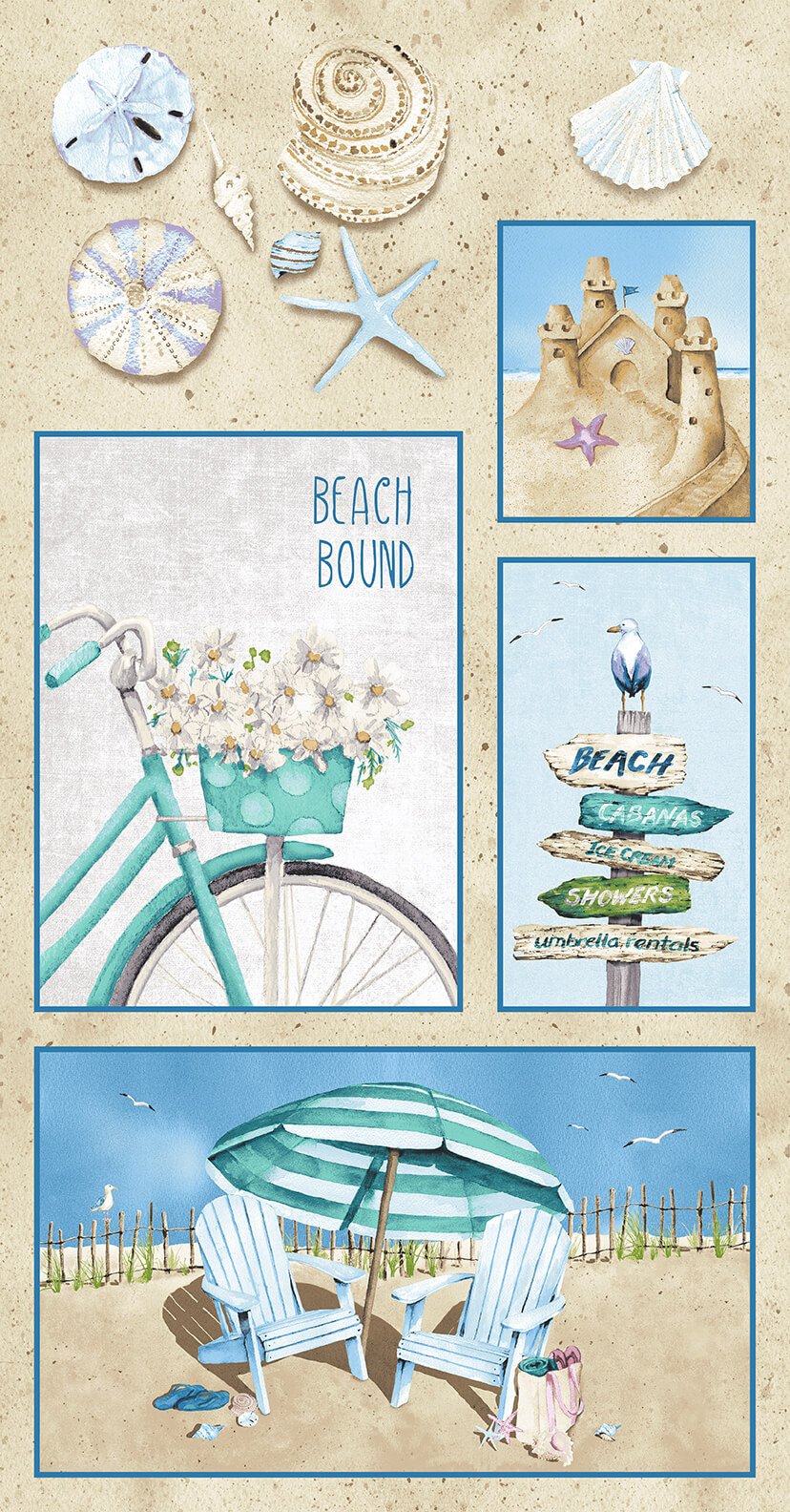 Beach Cotton Fabric Collection, Beach, tossed seashells, tossed flowers, tossed bicycles, tossed seagulls, sand, beach chairs, and all over coral, Sandcastles Take Me to the Beach, Barb Tourtillotte, Henry Glass Fabrics Cotton, Quilting Cotton, Beachcomber,