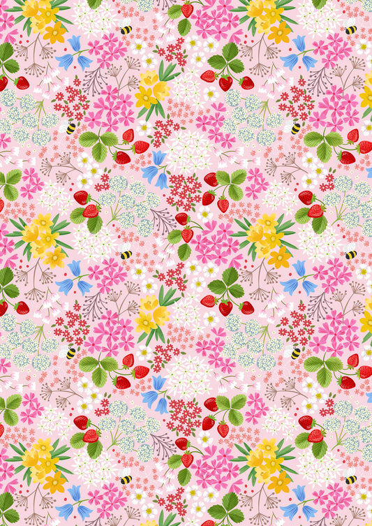 Teddy Bears Picnic - Strawberries Bee Floral Pink