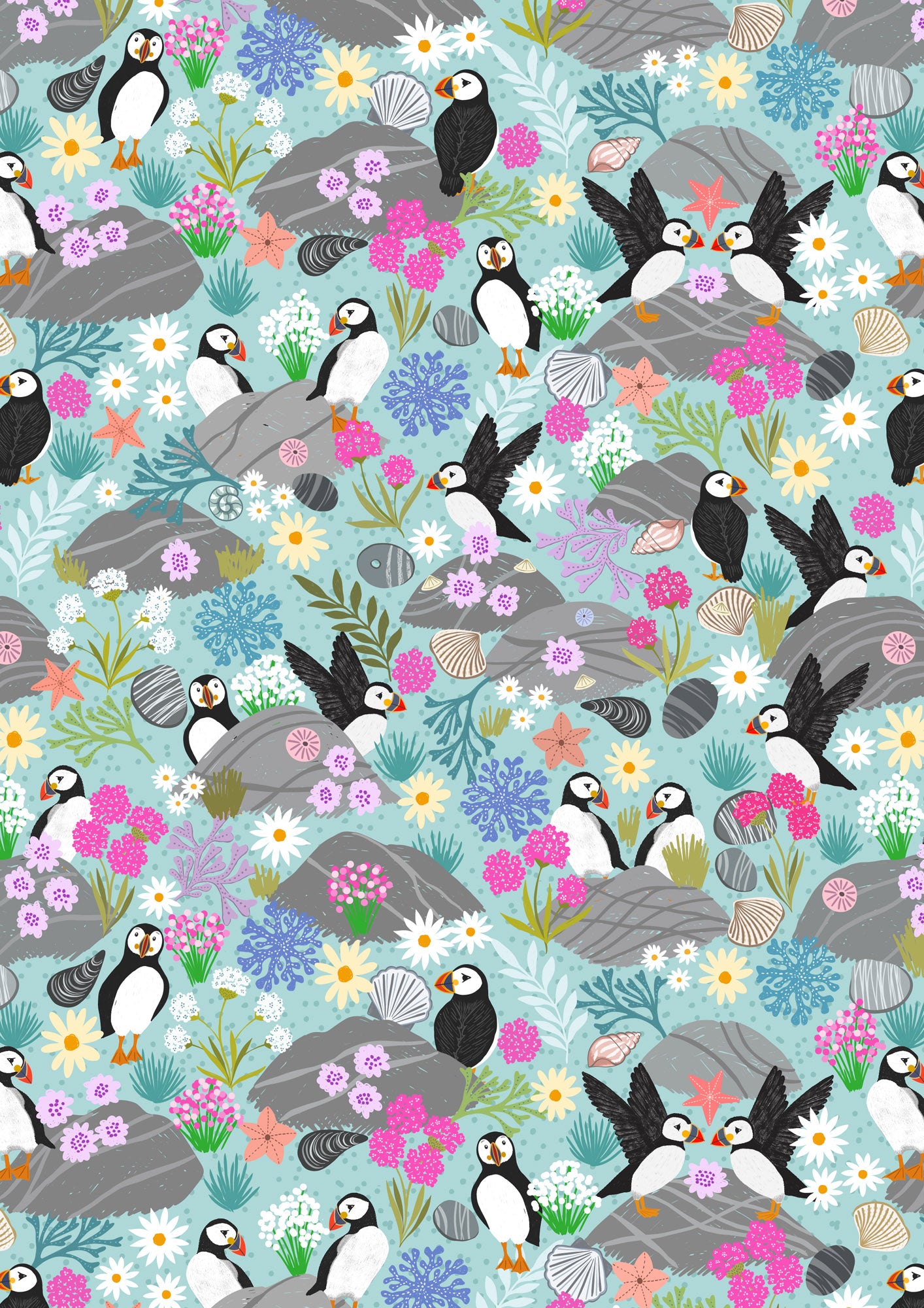 Puffin Rock - Puffin Bay Puffins on Sea Blue