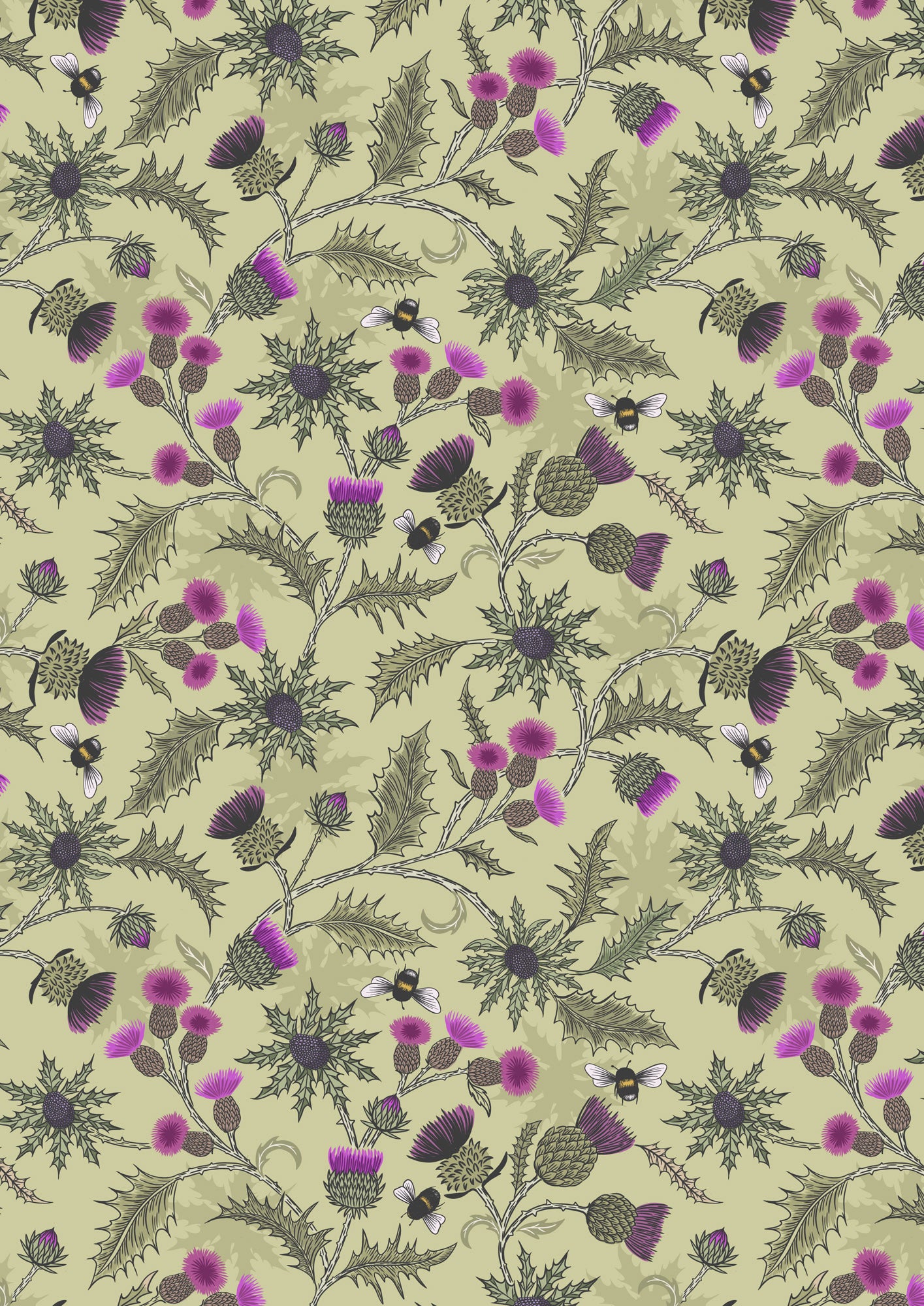 Bee thistle on soft green Lewis and Irene Fabrics Highlands