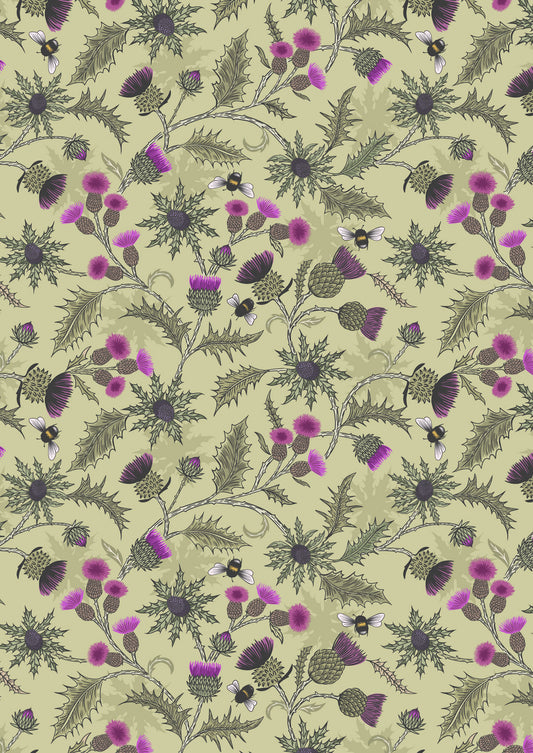 Bee thistle on soft green Lewis and Irene Fabrics Highlands