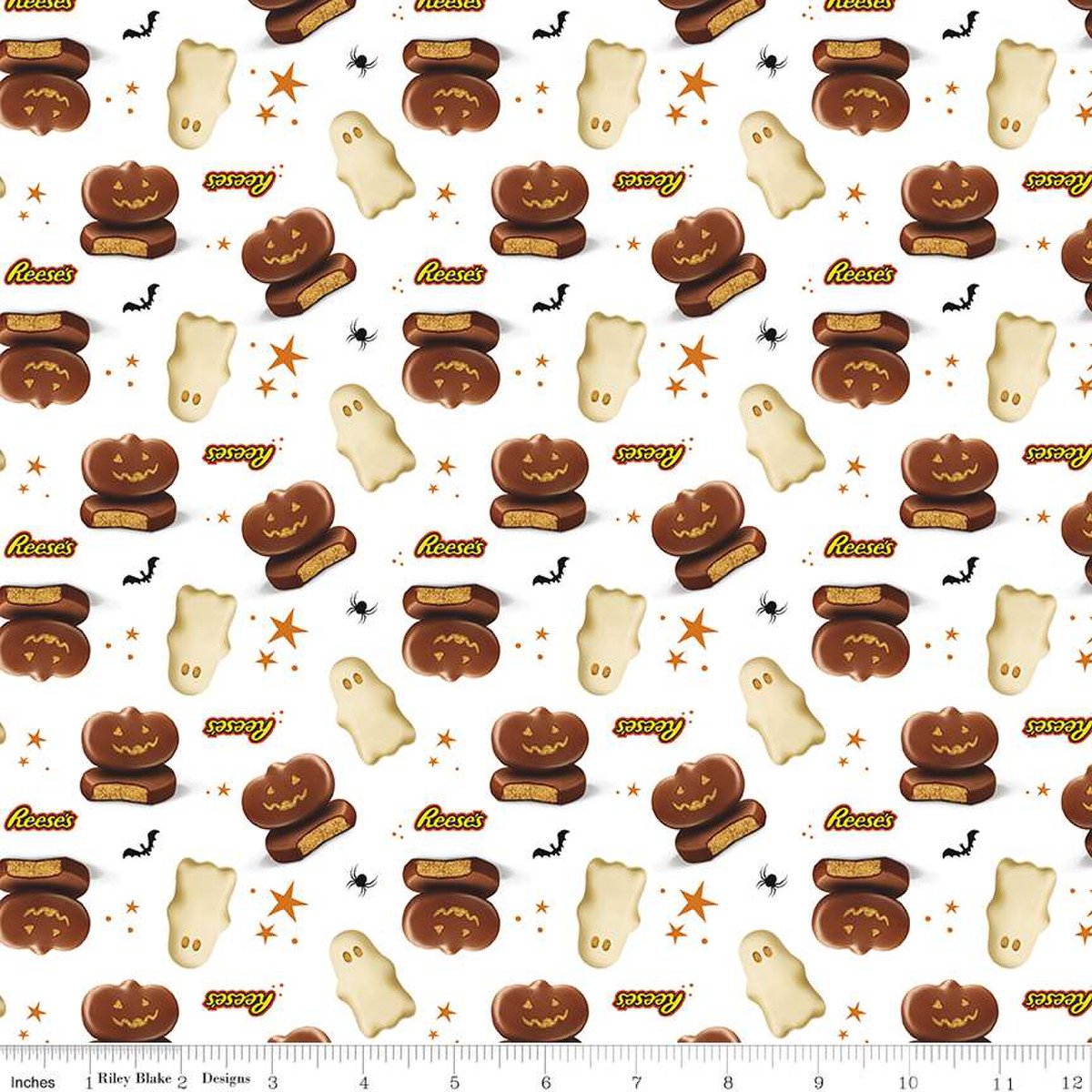 he Celebrate with Hershey collection for Riley Blake Designs is great for quilting, apparel and home decor. This print features Reese's ghosts and jack-o'-lanterns on a background of stars, spiders, and bats. Official licensed product