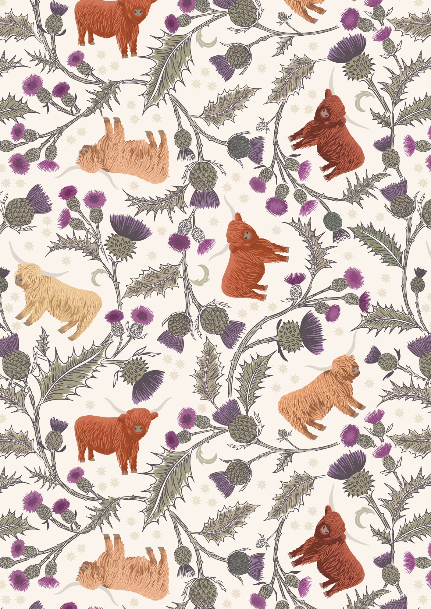 Highland cow and thistle on light cream Lewis and Irene Fabrics