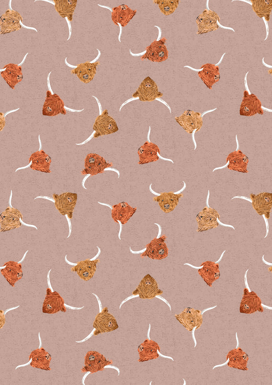 Highlands cows on light brown Lewis and Irene Fabrics