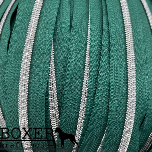 Nylon #5 Zipper - Silver Coil Forest Green Tape