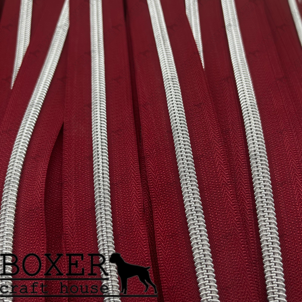 Nylon #5 Zipper - Silver Coil Maroon Tape