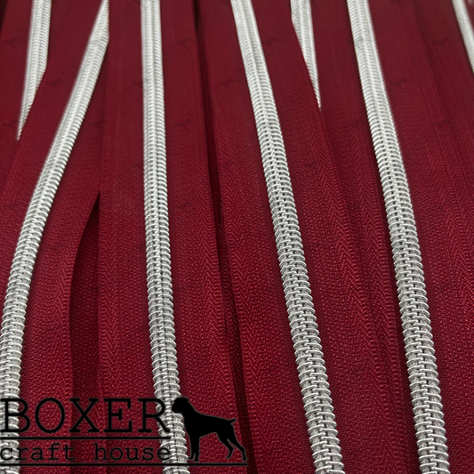 Nylon #5 Zipper - Silver Coil Maroon Tape