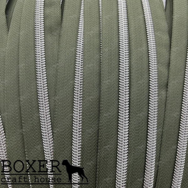 Nylon #5 Zipper - Silver Coil Olive Green Tape