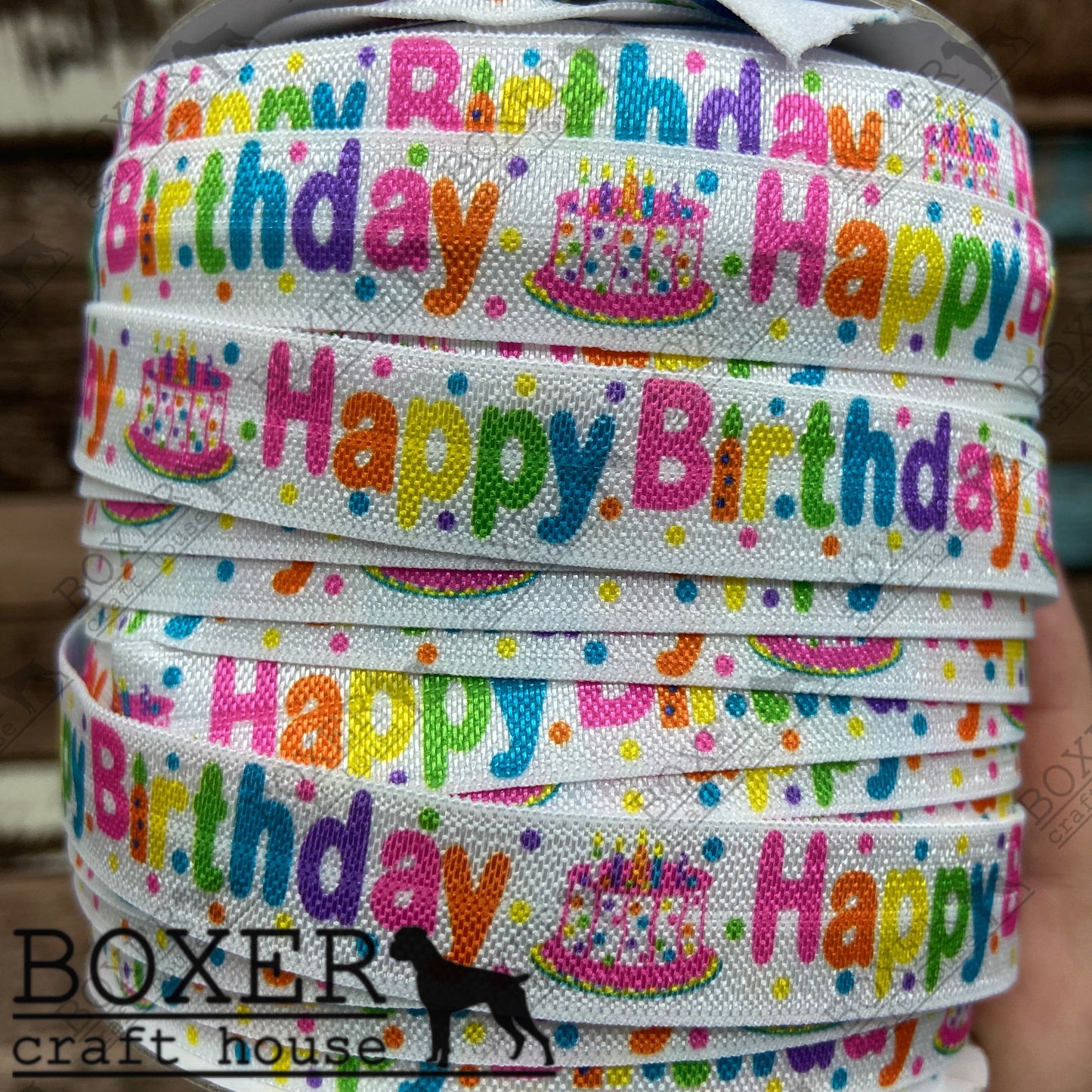 Happy Birthday FOE 5/8 Fold Over Elastic 5/8 1 Yard