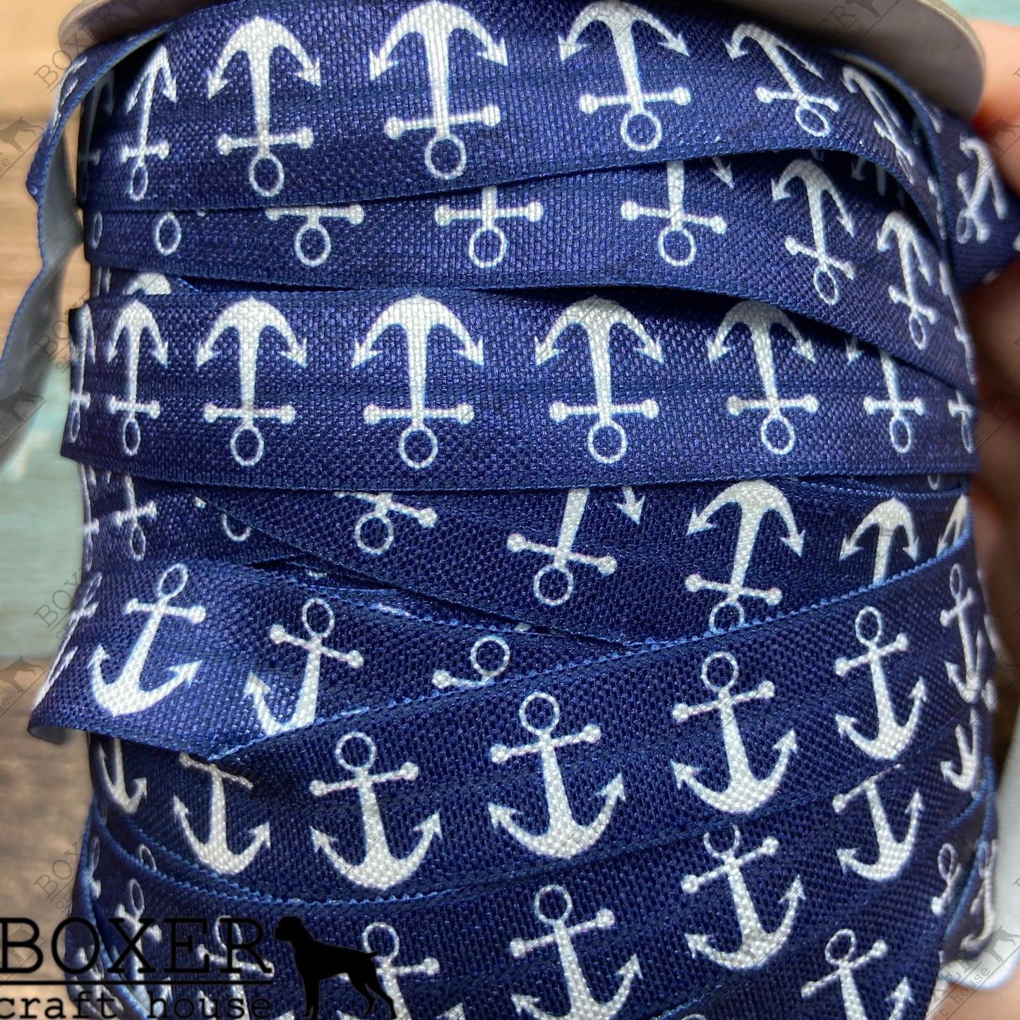 Anchors Away Blue FOE 5/8 Fold Over Elastic 1 Yard