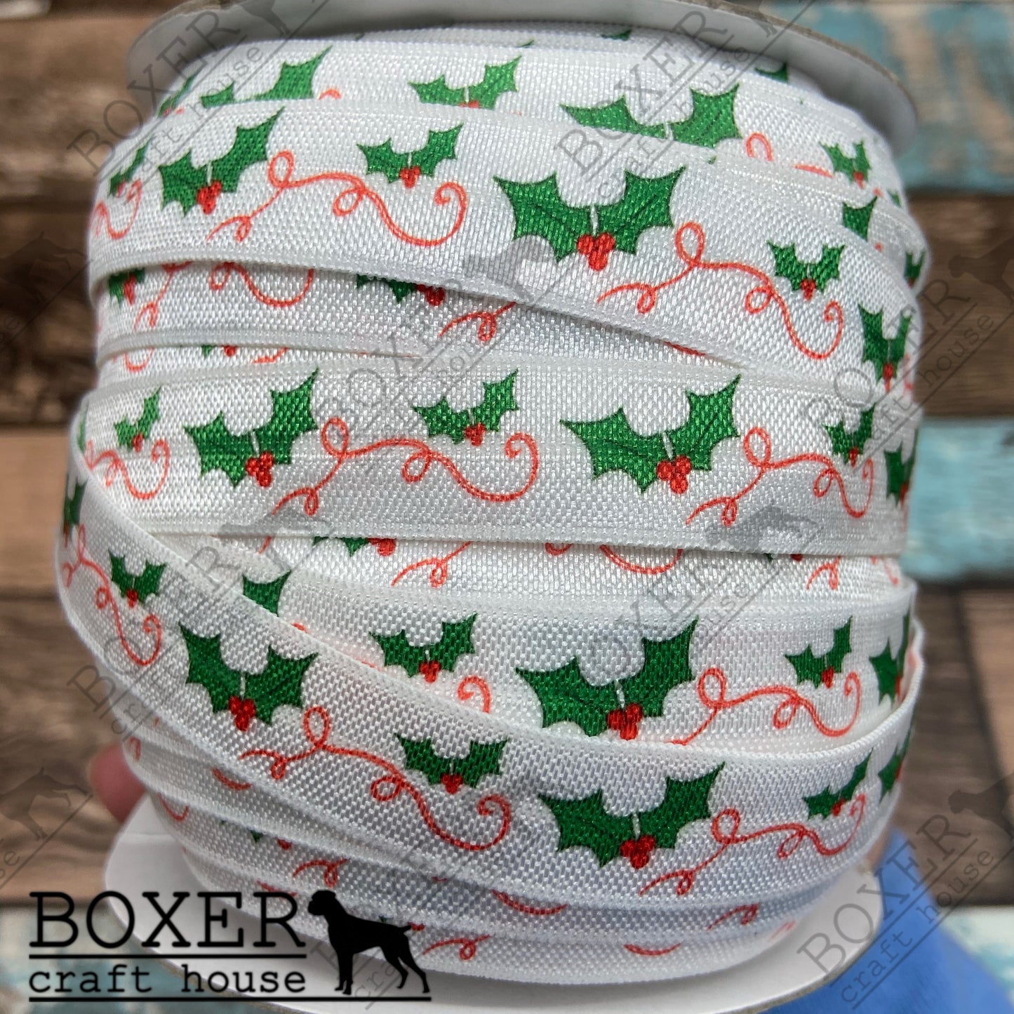 Holly Leaves FOE 5/8 Fold Over Elastic 1 Yard