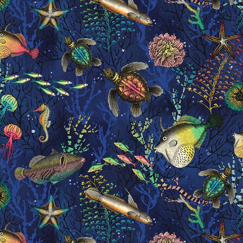 Cotton Fabric, Blank Company Fabric, Sewing, Ocean Fabrics, Sea of Blues, Starfish, Jellyfish, Turtles, Seahorses, Coral, Seashells, Fabric,