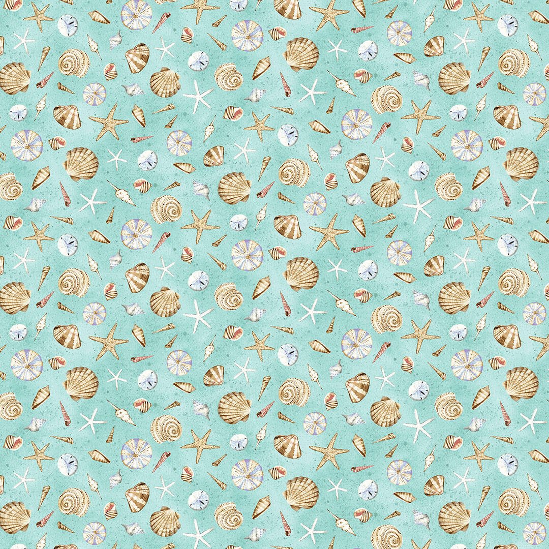 Beach Cotton Fabric Collection, Beach, tossed seashells, tossed flowers, tossed bicycles, tossed seagulls, sand, beach chairs, and all over coral, Sandcastles Take Me to the Beach, Barb Tourtillotte, Henry Glass Fabrics Cotton, Quilting Cotton, Beachcomber,