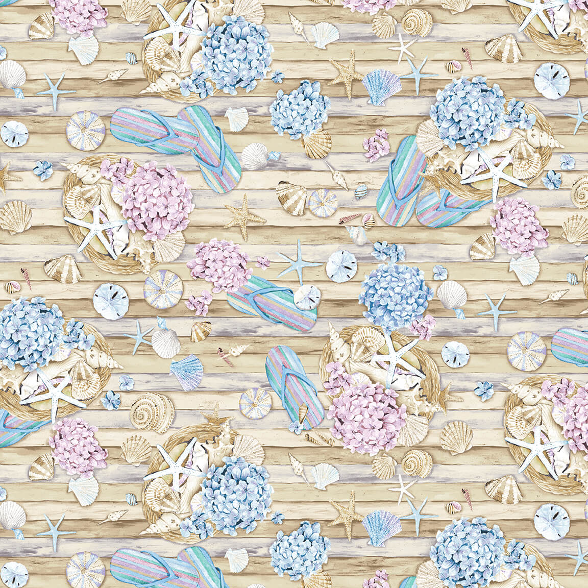 Beach Cotton Fabric Collection, Beach, tossed seashells, tossed flowers, tossed bicycles, tossed seagulls, sand, beach chairs, and all over coral, Sandcastles Take Me to the Beach, Barb Tourtillotte, Henry Glass Fabrics Cotton, Quilting Cotton, Beachcomber,