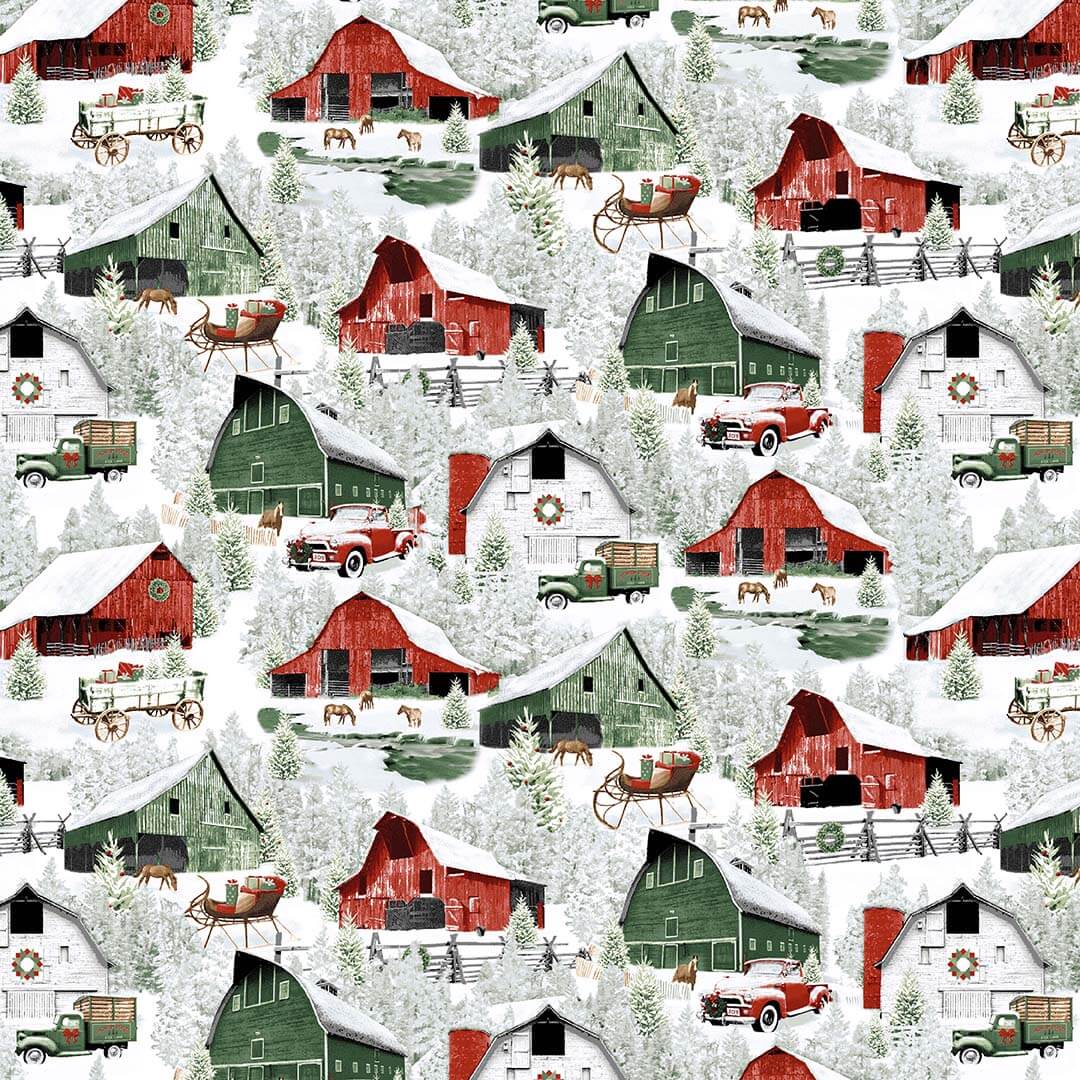 Holiday Spirit Fabrics, Cotton Fabric, Quilting Cotton, Small Business Quilt Shop, Jan Shade Beach, Tis the season Snow, Americana Features, Scenic Barn Fabric, Farm House covered in snow fabric, Jolly Winter, Snowman, Antique Cars in the Snow,