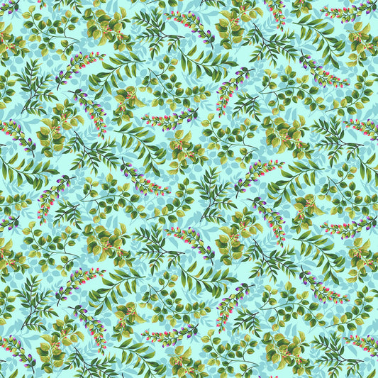 Splendid Path -  Aqua Leaves HALF YARD