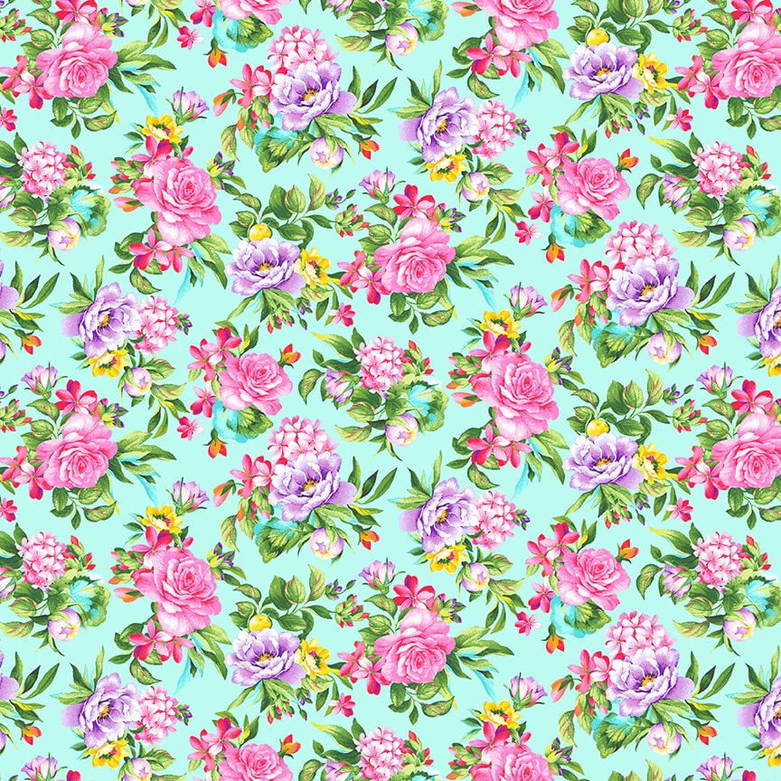 Splendid Path - Tossed Floral Aqua HALF YARD