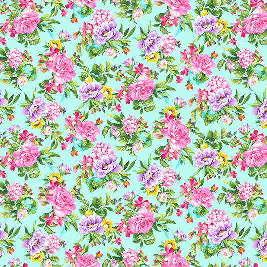 Splendid Path - Tossed Floral Aqua HALF YARD