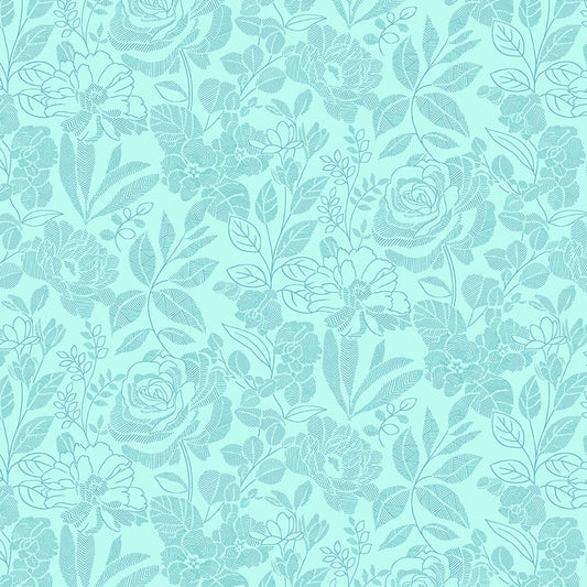 Splendid Path - Tone on Tone Floral Aqua HALF YARD