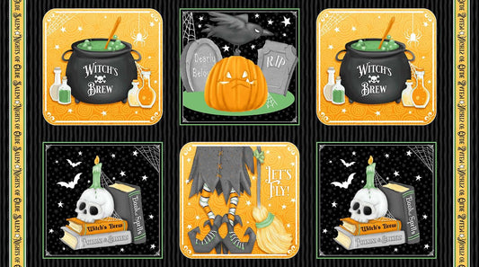 Glow Six Blocks on 24 inch Repeat, Shelly Comiskey of Simply Shelly Designs, Halloween Fabric, Cotton Fabric, Trick or Treat, This is Halloween, Night of Olde Salem Fabrics, Glow in the dark fabric, Quilters Cotton, Henry Glass Fabric , Spooky Characters, Black cats, Witch's hat, Witches hat, Haunted Houses, Double double toil and trouble,