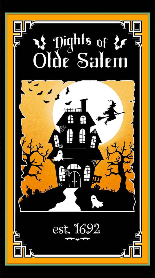 Shelly Comiskey of Simply Shelly Designs, Halloween Fabric, Cotton Fabric, Trick or Treat, This is Halloween, Night of Olde Salem Fabrics, Glow in the dark fabric, Quilters Cotton, Henry Glass Fabric , Spooky Characters, Black cats, Witch's hat, Witches hat, Haunted Houses, Double double toil and trouble, Panel