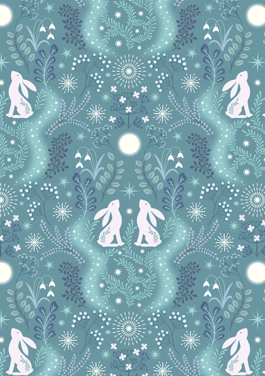 A Winter's Moon - Winter Hare on Iced Aqua with Pearl