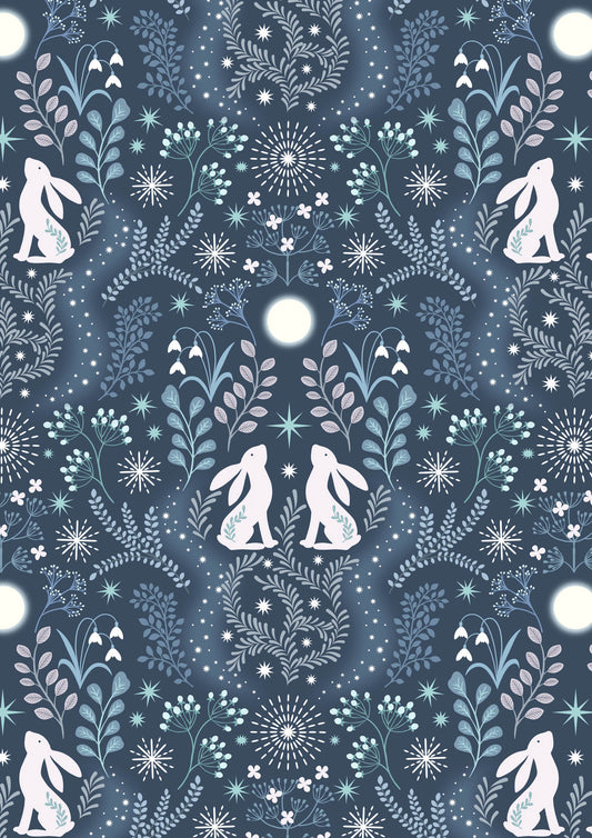 A Winter's Moon - Winter Hare on Midnight Blue with Pearl