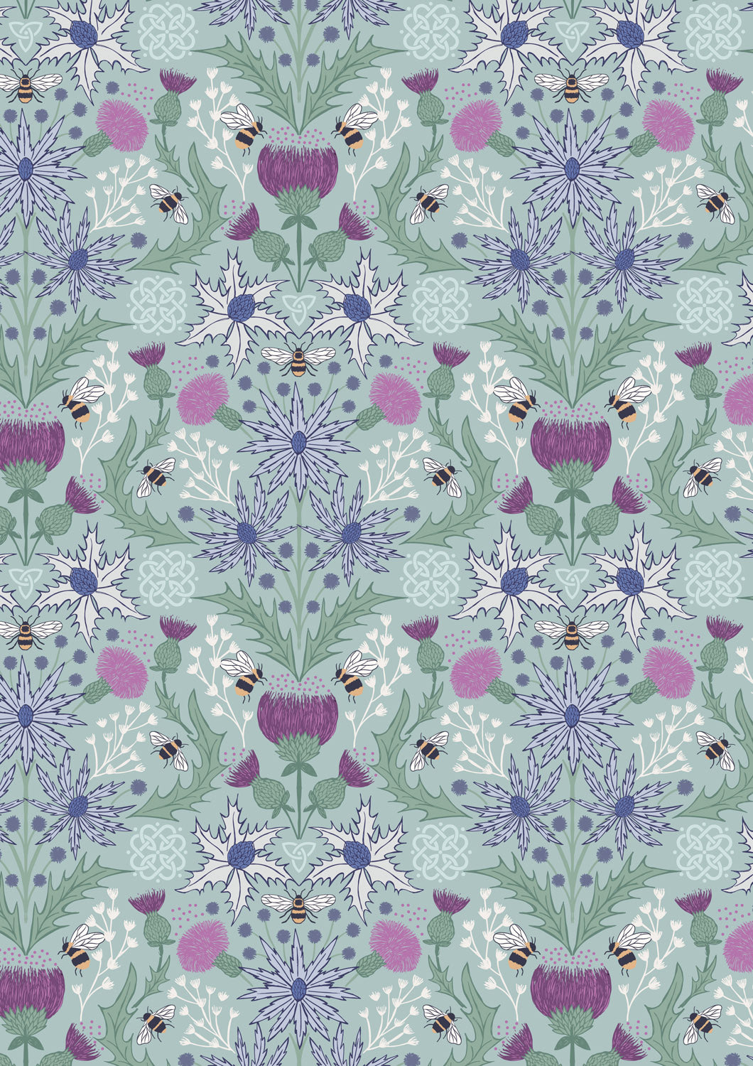 Mirrored Thistle and Bee on Duck Egg