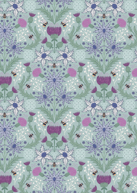 Mirrored Thistle and Bee on Duck Egg