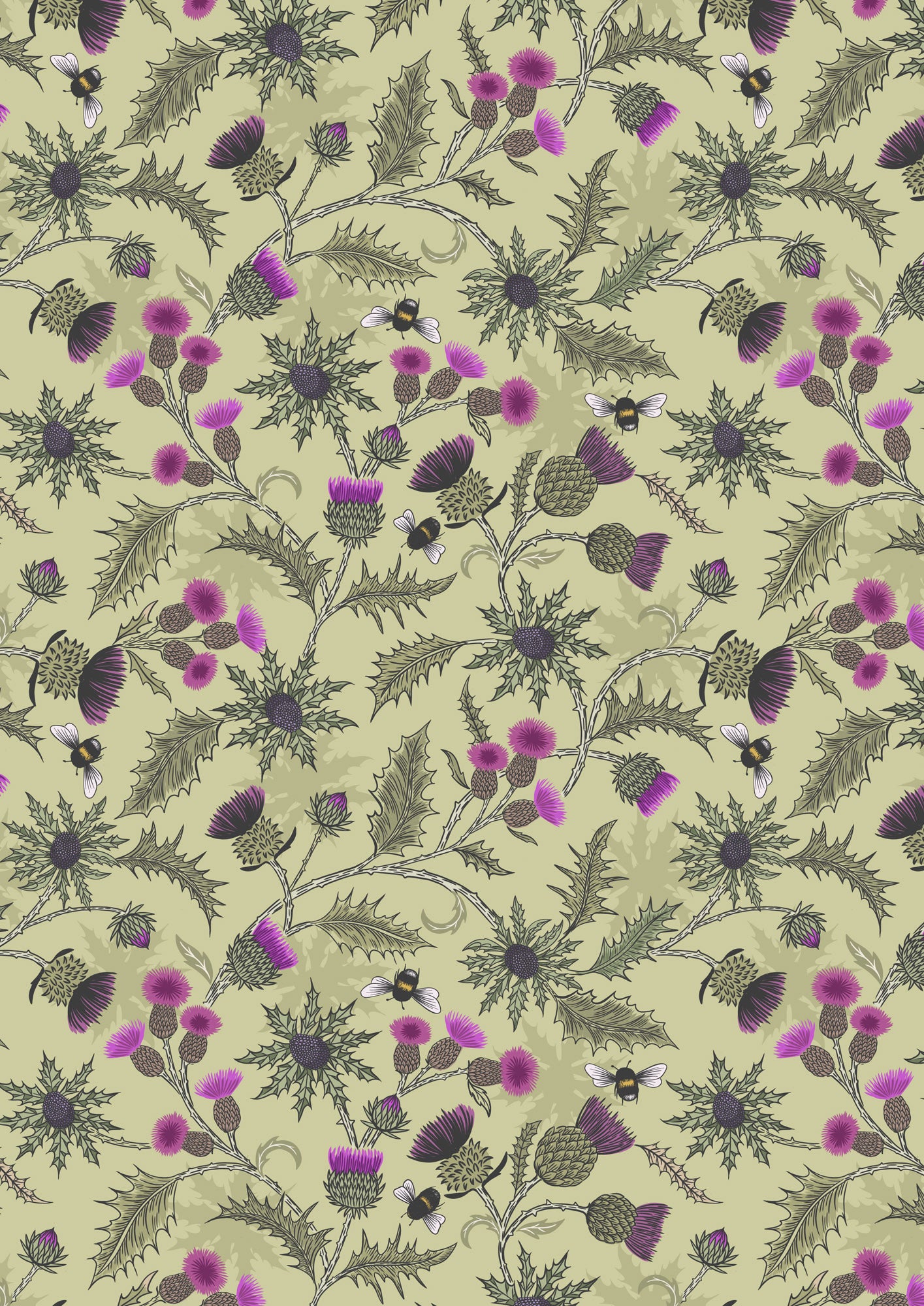 Bee thistle on soft green Lewis and Irene Fabrics Highlands 