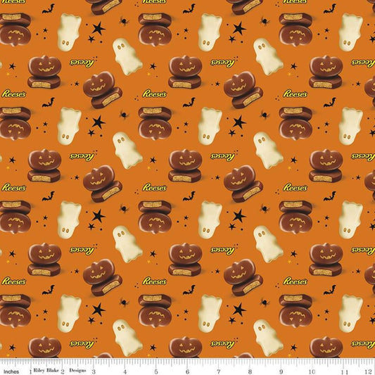 he Celebrate with Hershey collection for Riley Blake Designs is great for quilting, apparel and home decor. This print features Reese's ghosts and jack-o'-lanterns on a background of stars, spiders, and bats. Official licensed product