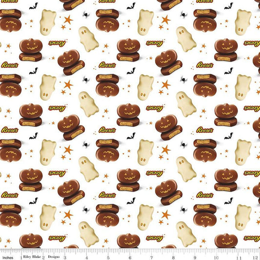 he Celebrate with Hershey collection for Riley Blake Designs is great for quilting, apparel and home decor. This print features Reese's ghosts and jack-o'-lanterns on a background of stars, spiders, and bats. Official licensed product