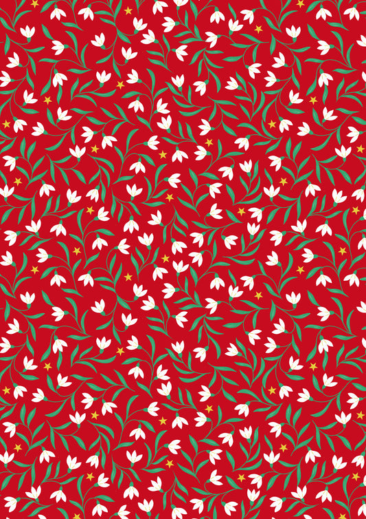 Christmas in Bluebell Wood - Snowdrops On Red With Metallic