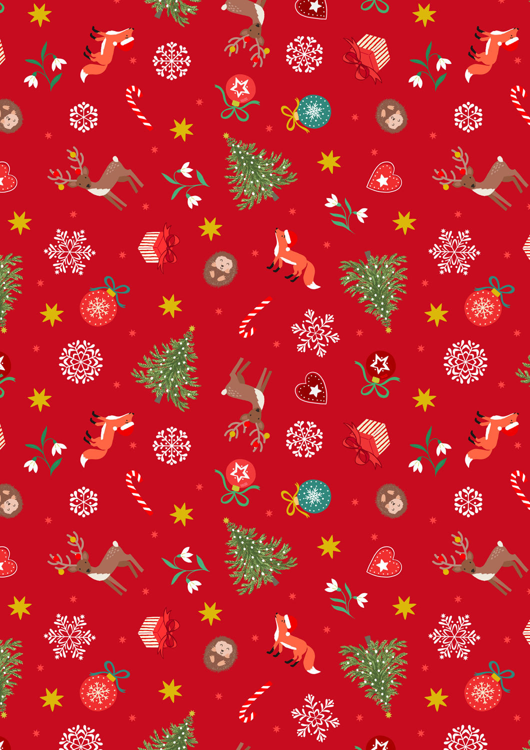 Christmas in Bluebell Wood - Scattered Festive on Red With Metallic