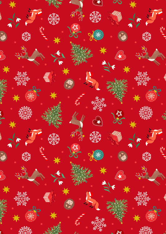 Christmas in Bluebell Wood - Scattered Festive on Red With Metallic