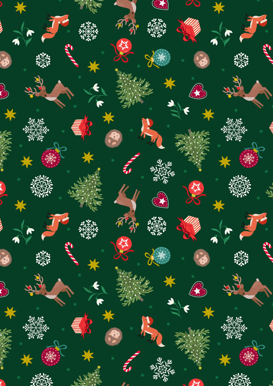 Christmas in Bluebell Wood - Scattered Festive on Green With Metallic