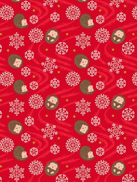 Christmas in Bluebell Wood - Snowflake Hedgehog on Red With Metallic