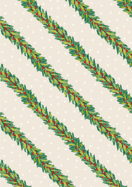 Christmas in Bluebell Wood - Spruce Garland On Cream With Metallic