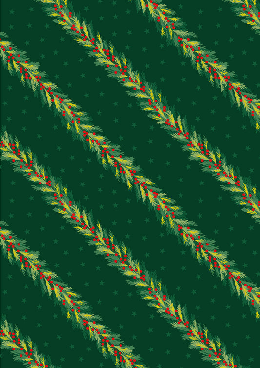 Christmas in Bluebell Wood - Spruce Garland On Christmas Green With Metallic