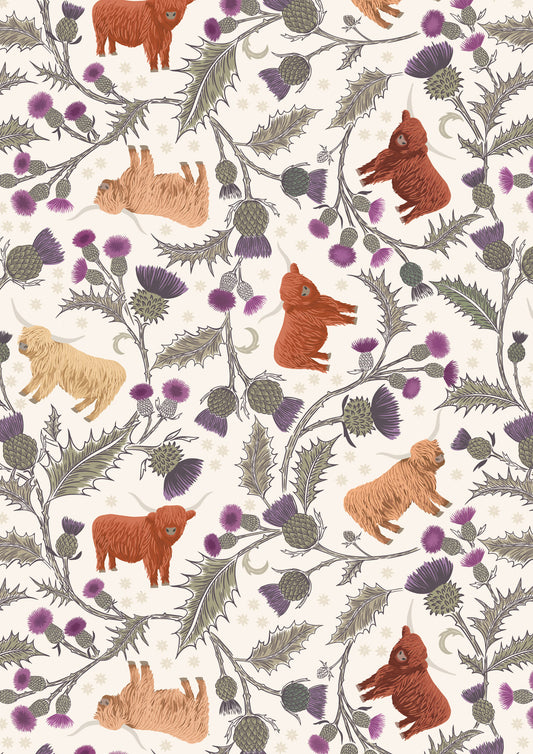 Highland cow and thistle on light cream Lewis and Irene Fabrics 
