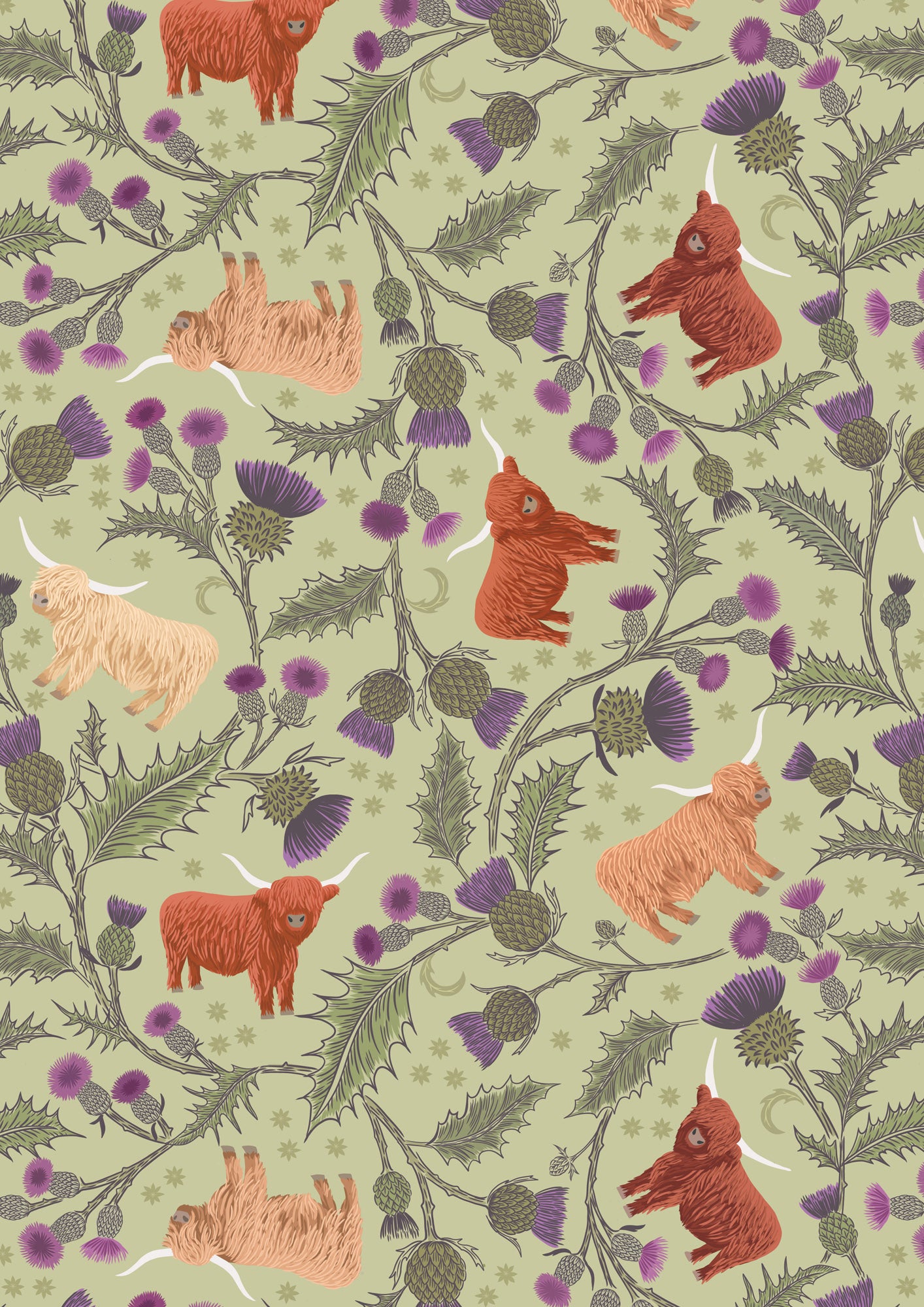 Highland cow and thistle on soft apple  A873B Lewis and Irene Fabrics 