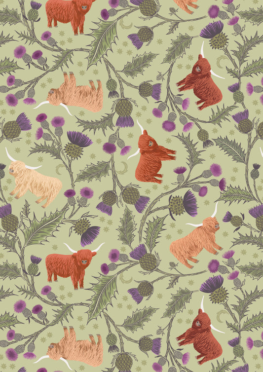 Highland cow and thistle on soft apple  A873B Lewis and Irene Fabrics 
