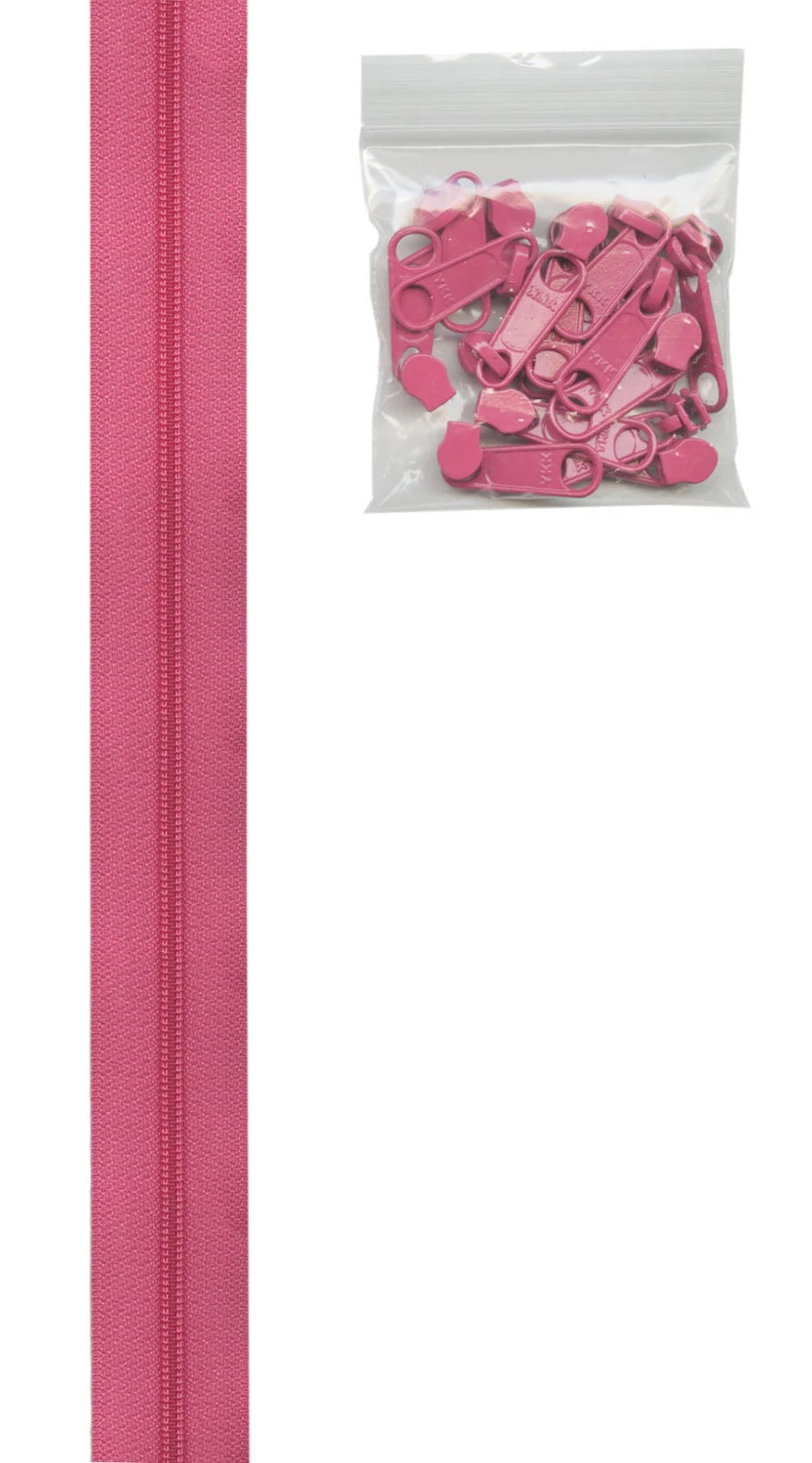 4 yards of 16mm #4.5 zipper chain and 16 Extra-Large Coordinated Pulls Raspberry