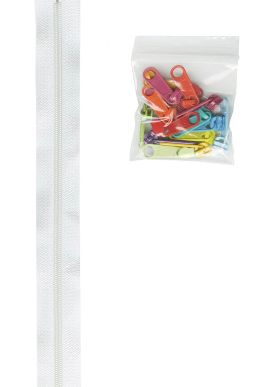 4 yards of 16mm #4.5 zipper chain and 16 Ex-Large Pulls White with 16 Multi pulls