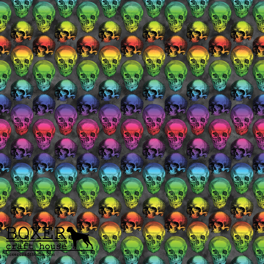 Colorful Skulls Faux Leather, Embroidery Vinyl, Sewing Faux Leather, Rainbow Skulls, Bag Making Supplies, Faux Leather For Embroidery, Quality Faux Leather, Embroidery Supplies, Sewing Supplies, Woman Owned Business, Craft Supply Store, USA,