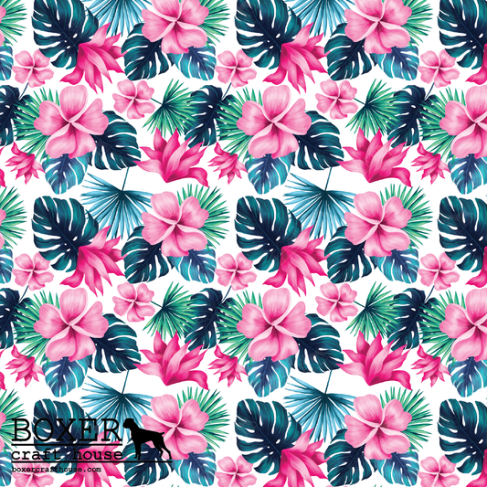 Tropical Vibes Faux Leather, Embroidery Vinyl, Sewing Faux Leather, Bag Making Supplies, Faux Leather For Embroidery, Quality Faux Leather, Embroidery Supplies, Sewing Supplies, Woman Owned Business, Craft Supply Store, USA, In the Hoop Supplies, Sewing with vinyl, Printed in the USA Faux Leather, Tropical Flowers, Pink, Hibiscus, Specialty Vinyl, Specialty Faux Leather