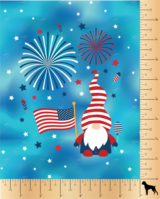 American Gnomes PFL, Printed Faux Leather, Independence Day Faux Leather, Sewing Vinyl, Embroidery Vinyl, Craft Supplies, Boxer Craft House, Gnomes, July 4th, Bag Making Supplies Red White and Blue, Flags, Fireworks, Panel, Mav Pack Panel, Linds Handmade Mav Pack Panel,