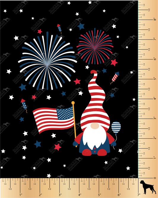 American Gnomes PFL, Printed Faux Leather, Independence Day Faux Leather, Sewing Vinyl, Embroidery Vinyl, Craft Supplies, Boxer Craft House, Gnomes, July 4th, Bag Making Supplies Red White and Blue, Flags, Fireworks, Panel, Mav Pack Panel, Linds Handmade Mav Pack Panel,