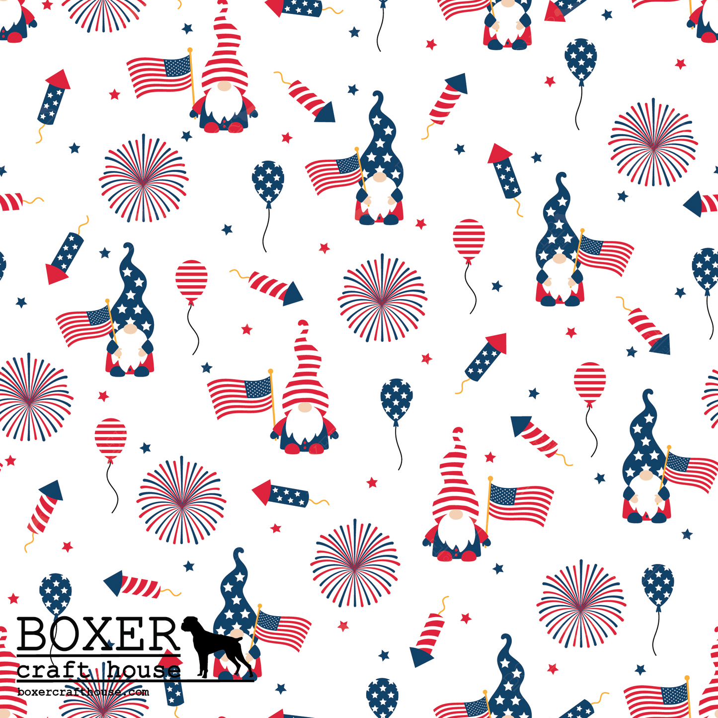 American Gnomes PFL, Printed Faux Leather, Independence Day Faux Leather, Sewing Vinyl, Embroidery Vinyl, Craft Supplies, Boxer Craft House, Gnomes, July 4th, Bag Making Supplies Red White and Blue, Flags, Fireworks,